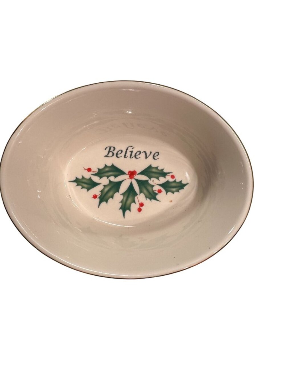 Lenox Believe Holiday Dimension Collection Oval Bowl Vintage Holly Christmas